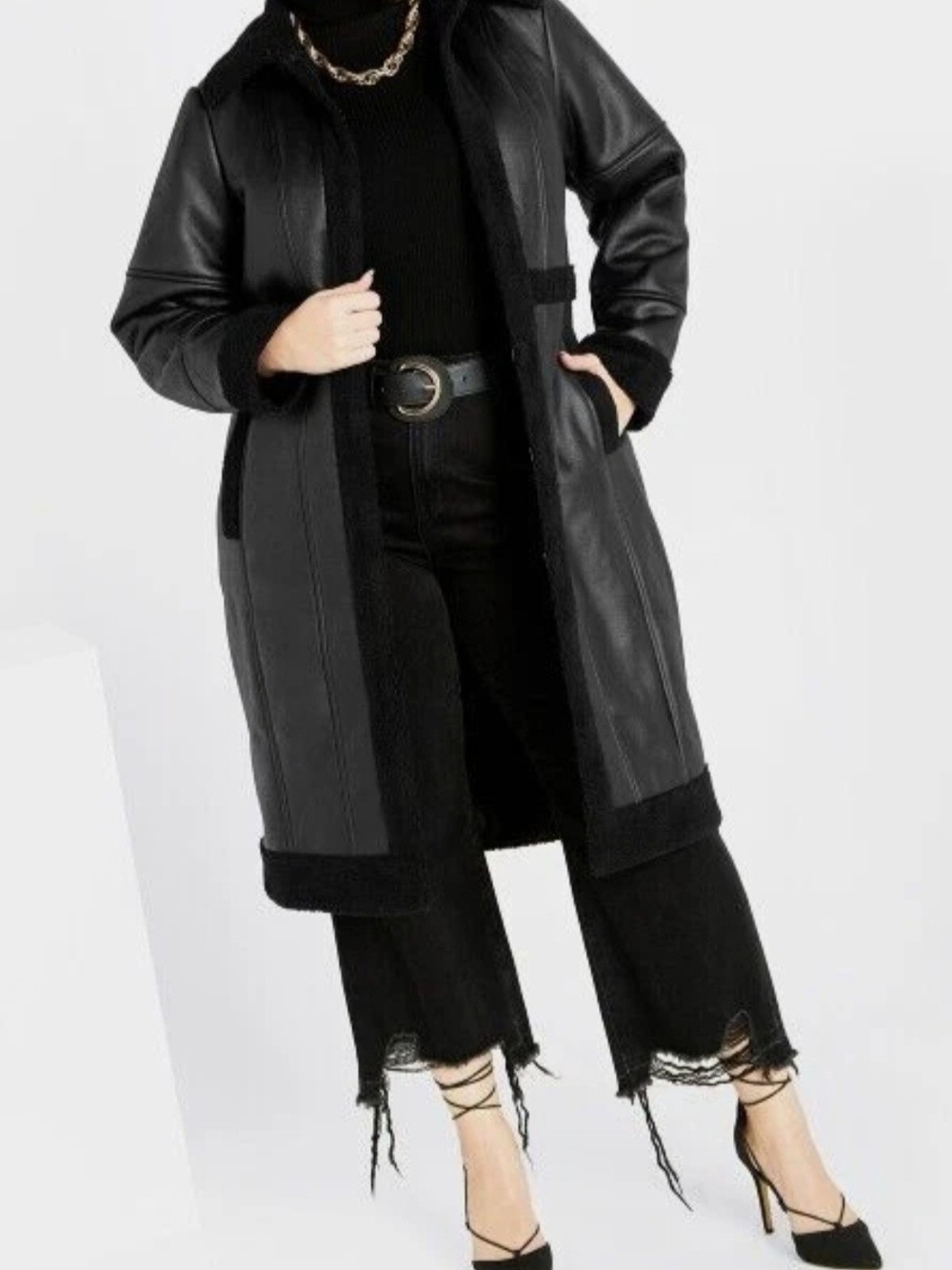 CITY CHIC 'HAYDEN' Classic Black Faux Leather Shearling Coat - 22